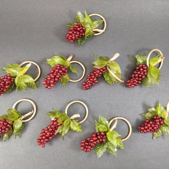 Art Glass Napkin Rings Set of 9, VTG Hand Made Berries and Leaves 4" - Picture 1 of 12
